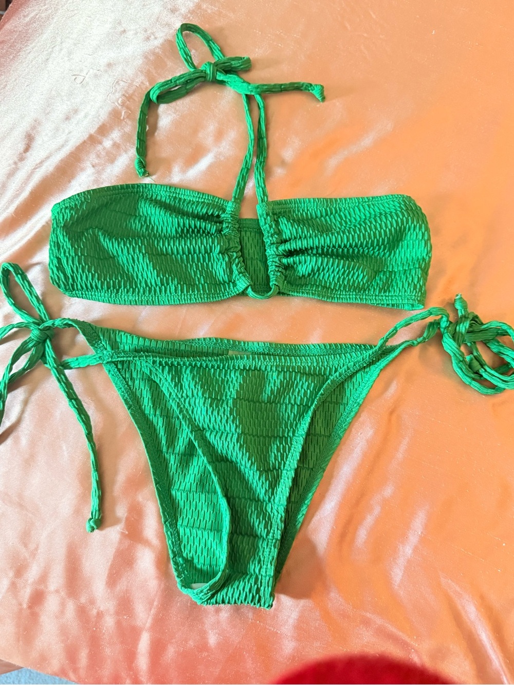 Green Textured Tie-Side Bikini Set - Women Swim Bikini